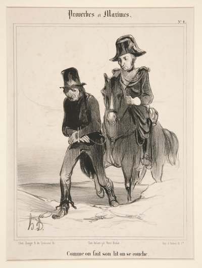 När man bäddar sin säng, lägger man sig, platt 4 från Ordspråk och Maxims av Honoré Daumier