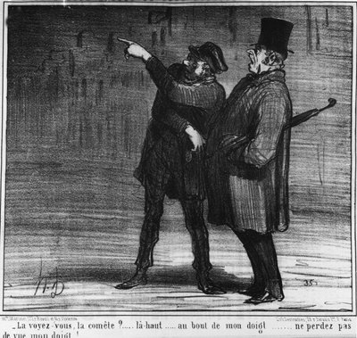 Ser du kometen? upp... vid slutet av mitt finger... tappa inte mitt finger ur sikte!... , tecknad av Honore Daumier (1808-1879). “Charivari” av Honoré Daumier