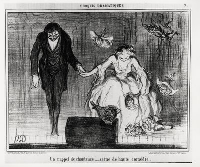 Dramatiska sketcher: en sångarepåminnelse, högkomediscen. Illustration av Honore Daumier (1808-1879), publicerad i "" Charivari", daterad 9 januari av Honoré Daumier