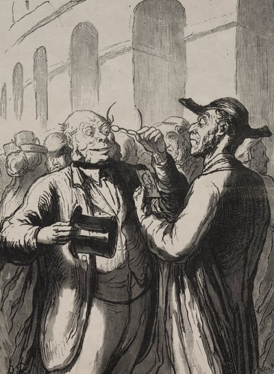 Universell utställning: Inspektionen av fotografier vid vändkorsen. De kala måste ta av sig hatten och de närsynta glasögonen. av Honoré Daumier
