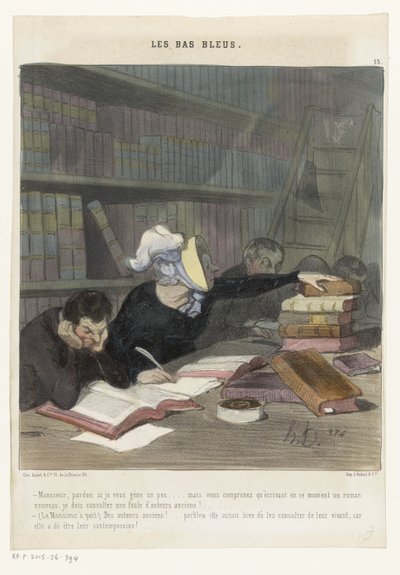 Figurer bakom ett läsbord i ett folkbibliotek Les Bas Bleus (serietitel på objekt) av Honoré Daumier