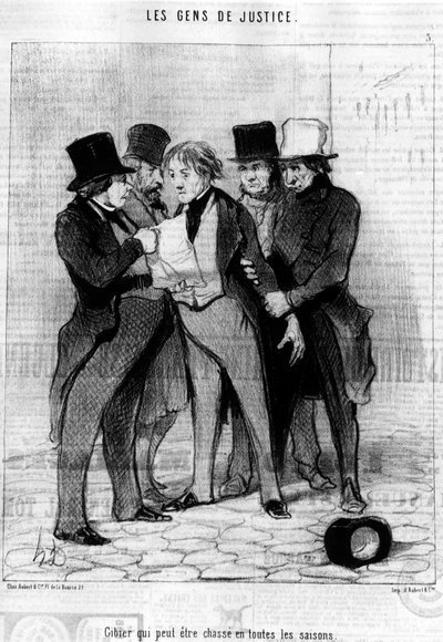 Vilt som kan jagas under alla årstider, hämtat från "Gens de Justice", en serie karikatyrer om rättvisa av Honore Daumier (1808-1879). "Charivari" av Honoré Daumier