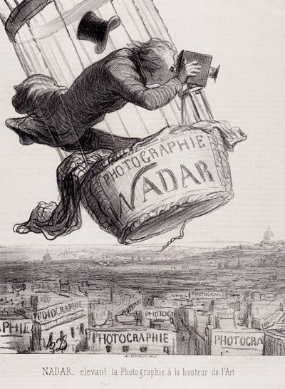 Gaspard Felix Tournachon dit Felix Nadar (1820-1910) lyfter fotografiet till konstens höjd. Litografi baserad på ritning på papper. Mått: 29x41cm. av Honoré Daumier