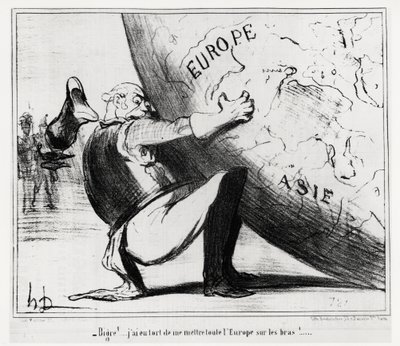 Tyskland: bigre!... det var fel av mig att lägga hela Europa på mina händer. Illustration av Honore Daumier (1808-1879), publicerad i tidningen Charivari den 25 januari. av Honoré Daumier
