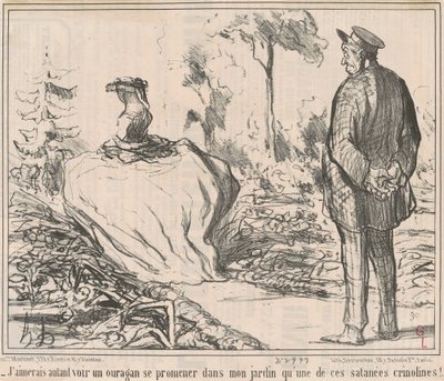 Jag skulle hellre se en orkan vandra genom min trädgård än en av de där jäkla krinolinerna! av Honoré Daumier