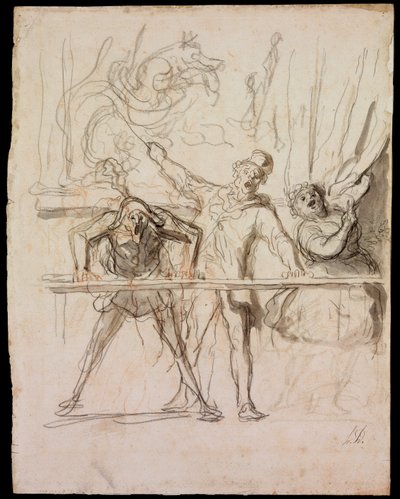 La Parade - The Side-Show - Daumier, Honore (1808-1879) - 1865 - Svart krita, akvarell på papper - 39,8x30,4 - Szepmuveszeti Muzeum, Budapest av Honoré Daumier