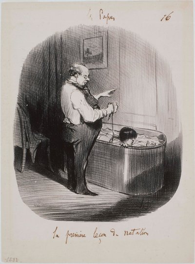 Les Papas- Den första simlektionen av Honoré Daumier