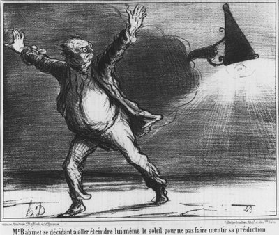 Monsieur Babient bestämde sig för att själv gå och stänga av solen för att inte få sin förutsägelse att ljuga, karikatyr om Honore Daumiers komet från 1857 (1808-1879). av Honoré Daumier