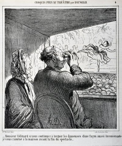 Mr. Colimard, om du fortsätter att titta på dansarna på ett så olämpligt sätt, tar jag dig hem innan showen slutar. Gravyr av Honore Daumier (1808-1879) i "" Le Charivari"". Arkstorlek: 24,6x36cm. Palais Longchamp, Musee des Beaux Arts de Mar av Honoré Daumier