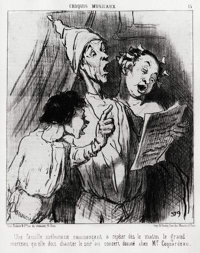 Musikaliska sketcher: en meloman familj som på morgonen började upprepa den stora sången de var tvungna att sjunga på kvällen på konserten gav till Mr. Coquardeau. Illustration d