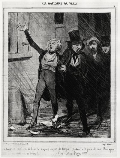 Musiker i Paris: "Solen är så vacker!.... Det är en otäck tid!... Och sedan från Bretagne, himlen är så vacker!.... Vive Loisa Puget" (1810-1889, kompositör av romansmusik). Illustration av Honore Daumier (1808-1879), publicerad i nyheterna i "Charivari". av Honoré Daumier