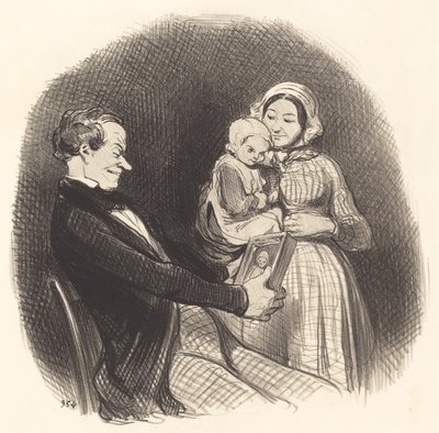 Pappa tittar på bilden av hans bild av Honoré Daumier