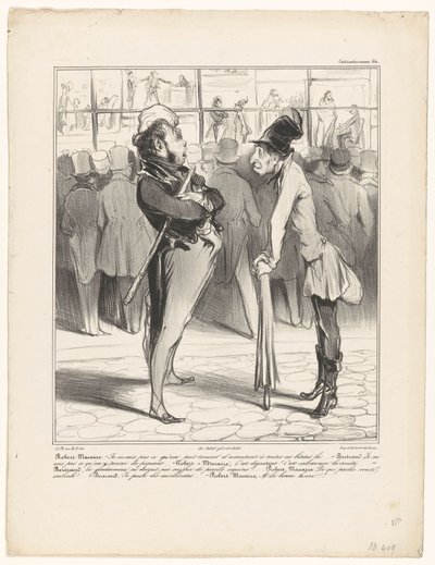 Robert-Macaire i samtal med Bertrand för fönstret i ett tryckeri Caricaturana (serietitel på objekt) av Honoré Daumier