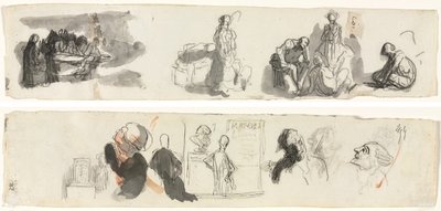 Studieark med en grupp av fyra figurer till höger (recto) Skisser av olika figurer (verso) av Honoré Daumier
