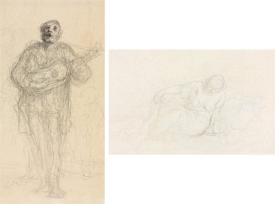 Sjungande gitarrist (rekto); Liggande kvinna lutad på sin arm (verso) av Honoré Daumier
