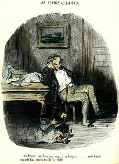 Socialistiska kvinnor Antifeministisk tecknad serie som visar en man som väntar med sitt barn på sin fru försvunnen i två dagar. Litografi av Honore Daumier (1808-1879) Privatsamling från 1800-talet av Honoré Daumier