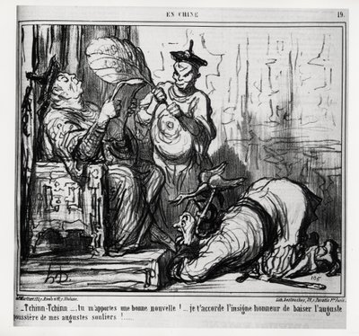 Tchinn Tchinn... Du ger mig goda nyheter! Jag ger dig den stora äran att kyssa det höga dammet av mina höga skor. I serien En Chine, illustration av Honore Daumier (1808-1879), publicerad i "" Charivari", daterad 7 december av Honoré Daumier