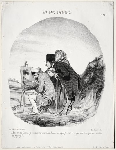 The Good Bourgeois, tavla 23: "Men ja, min kära, jag försäkrar dig att denna herre ritar ett landskap...är det inte så, sir, att du ritar ett landskap?" (Les bons bourgeios, planche 23: Mais si, ma femme...monsieur dessine un paysage..) av Honoré Daumier