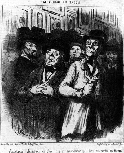 Föreställningens publik. Klassiska amatörer blev alltmer övertygade om att konsten är förlorad i Frankrike, hämtad från "" Målningar och salonger", tecknad serie av Honore Daumier (1808-1879). “Charivari” av Honoré Daumier