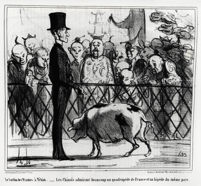 Växternas trädgård i Pekin: kineserna beundrar en fyrfoting av Frankrike och ett pip från samma land. Illustration av Honore Daumier (1808-1879), publicerad i "Charivari", China Actualites av Honoré Daumier