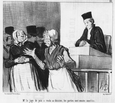Fredsdomaren har fattat sitt beslut, parterna är tänkta att försonas..., tecknad av Honore Daumier (1808-1879). "Charivari". av Honoré Daumier