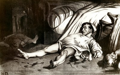 Massakern på Rue Transnonain den 14/04/1834: militären massakrerar invånarna i byggnaden 12 Rue Transnonain i Paris fängslade den efter döden av en av deras officerare - Litografi av Honore Daumier (1808-1879) 1837. Privat samling av Honoré Daumier