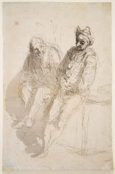 Two Saltimbanques, ca 1865-73 (svart-grå bläck, grå tvättar på papper) av Honoré Daumier