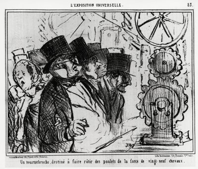 Universell utställning: en skivspelare, designad för att steka kycklingar med styrkan av tjugonio hästar. Illustration av Honore Daumier (1808-1879), publicerad i nyheterna, "" Charivari", daterad 20 juli 1855. av Honoré Daumier