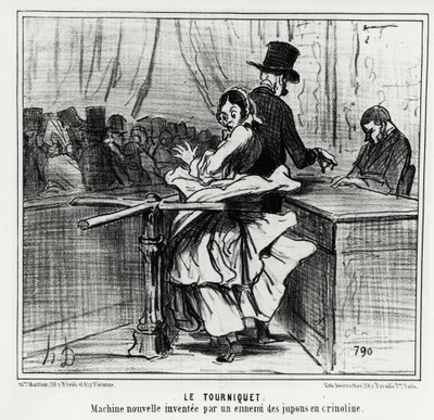 Universell utställning: vändkorset: en ny maskin uppfunnen av en fiende till krinolinska underkjolar. Illustration av Honore Daumier (1808-1879), publicerad i tidningen Charivari den 26 juni 1855. av Honoré Daumier