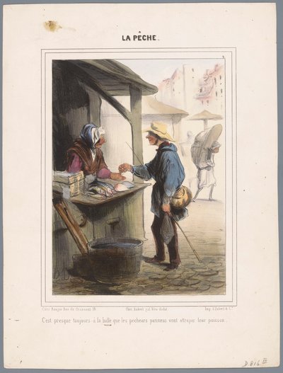 Visser koopt vis in de markthal Det finns nästan alltid på marknaden (...) (titel på objekt) Vissers (serietitel) Fiske (serietitel på objekt) av Honoré Daumier