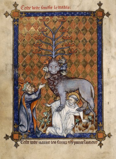 Lägg till. 54180, f.14v The Beast of the Apocalypse, trampar ett helgon och tillbeds av en knästående hycklare, illustration från 