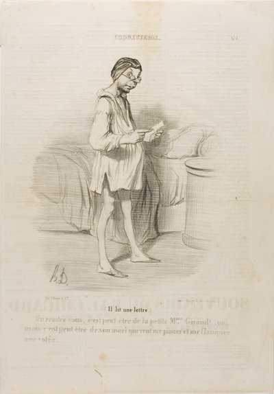 (Han läser ett brev) "Ett datum, kan det vara från den söta Mme Giraud Ja, men det kan också komma från hennes man som vill nypa mig...", plansch 8 från Coquetterie av Honoré Victorin Daumier