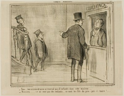 "- Men ni sa att barn inte är tillåtna i det här huset... - Sir, det här är inga barn... det är ägarens söner!...", plansch 23 från Croquis Parisiens, - par Daumier av Honoré Victorin Daumier