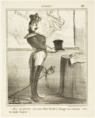 "- Svårt att föreställa sig att jag en dag kanske måste byta ut min krona mot en enkel hatt", plate 249 från Actualités av Honoré Victorin Daumier