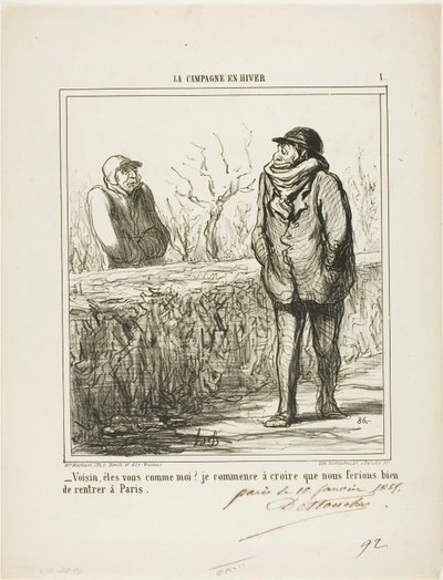 "- Hej, granne, är du som jag Jag börjar tro att vi skulle må bra av att återvända till Paris", plansch 1 ur La Campagne En Hiver av Honoré Victorin Daumier