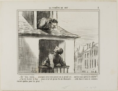 "- Hej, granne ... vad var allt detta skrikande om ... såg du kometen - Jag trodde att jag hade sett den där borta... men det var bara elden från en skorsten... den här gången klarade vi oss undan med bara en skräck," plansch 3 från La Cométe De 1857 av Honoré Victorin Daumier