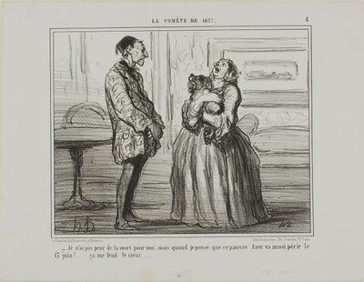 "- Jag är inte rädd för mig, men om jag tänker på stackars Azor som kommer att gå under den 13 juni ... det krossar helt enkelt mitt hjärta," plansch 8 från La Cométe De 1857 av Honoré Victorin Daumier