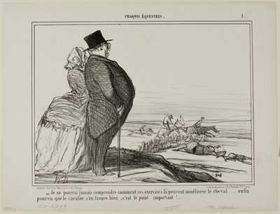 "- Jag kommer aldrig att förstå, hur dessa övningar ska förbättra en hästs tillstånd..... det enda som verkligen räknas är att ryttaren mår bra," plansch 1 från Croquis Équestres av Honoré Victorin Daumier