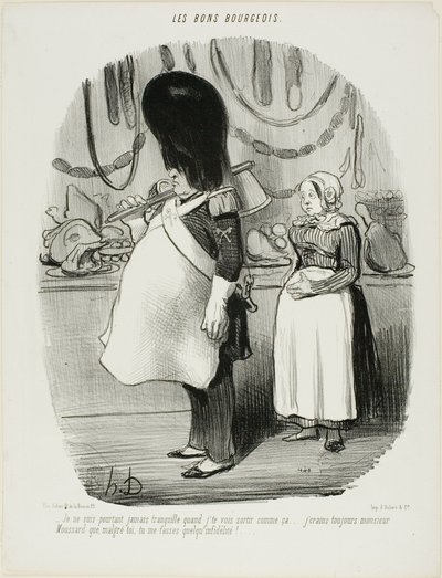 "- Jag är aldrig lugn när jag ser dig gå ut så här... Jag är alltid rädd, Monsieur Moussard, att du kan vara otrogen", plansch 67 från Les Bons Bourgeois av Honoré Victorin Daumier