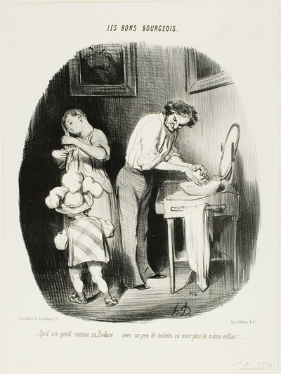 "- Är han inte söt så där, Dodore ... med lite städning är han bara inte samma barn längre! ...", plansch 37 från Les Bons Bourgeois av Honoré Victorin Daumier