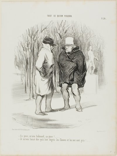 "- Det är kyligt, herr Galimard, det är kyligt!.... - Tillåt mig att säga att vid 8 grader är floderna och näsorna frusna...", plansch 39 ur Tout Ce Qu