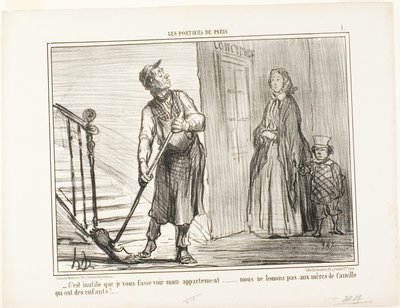 "- Det är meningslöst att visa dig min lägenhet. Vi hyr inte ut till mammor med barn", plansch 1 från Les Portiers De Paris av Honoré Victorin Daumier