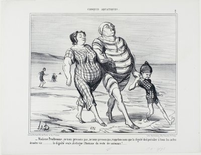 "- Madame Prudhomme, låt oss inte skynda på, låt oss komma ihåg att värdighet bör styra över alla livets handlingar ... värdighet ensam skiljer människan från resten av djuren," plansch 2 från Croquis Aquatiques av Honoré Victorin Daumier