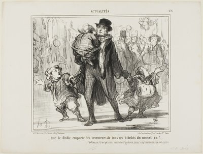 "- Må djävulen ta uppfinnaren av alla dessa nyårspresenter!" Reflektion av en känslig, generös men plågad parisisk far, plansch 476 från Actualités av Honoré Victorin Daumier