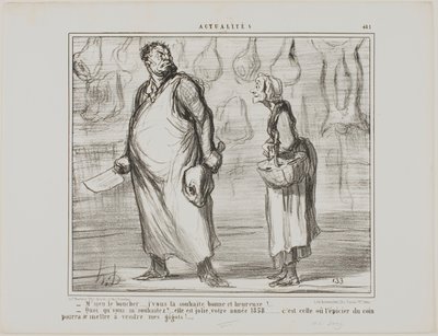 "- Herr slaktare, jag önskar er ett gott och hälsosamt nytt år ... - Vad Det här kommer att bli ett fint år, detta 1858... varje specerihandlare runt hörnet kommer att kunna sälja mitt fårkött!...", plansch 481 från Actualités av Honoré Victorin Daumier