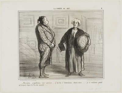 "- Monsieur, jag säger upp mig från er tjänst, jag åker hem... Jag vill inte vara här när världen går under", plansch 4 från La Cométe De 1857 av Honoré Victorin Daumier
