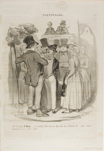 "- Så, Gringalet från Paris!.... du kommer att dansa två gånger med min Catherine ...... försök nu igen att göra fårögon på henne", platta 27 ur Pastorales av Honoré Victorin Daumier