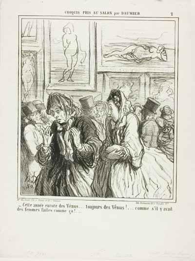 "- Ännu fler Venuser i år... alltid Venuser!... som om det fanns några kvinnor som var byggda så!", plansch 2 från Croquis Pris Au Salon par Daumier av Honoré Victorin Daumier