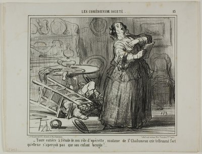 - Madame de St Chalumeau är tagen av sin operettroll och skriker så högt att hon inte märker att hennes barn skriker, plansch 13 från Les Comédiens De Société av Honoré Victorin Daumier