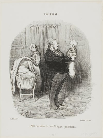 "- Vi ser verkligen ut som pappa, eller hur ... lilla Cherub!", plansch 14 från Les Papas av Honoré Victorin Daumier